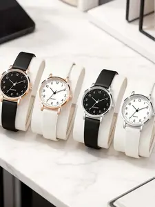 4-piece set of new minimalist digital luminous watches for male and female students, small fresh frosted leather casual watches for women, quartz watches, Luminous Analog Watch