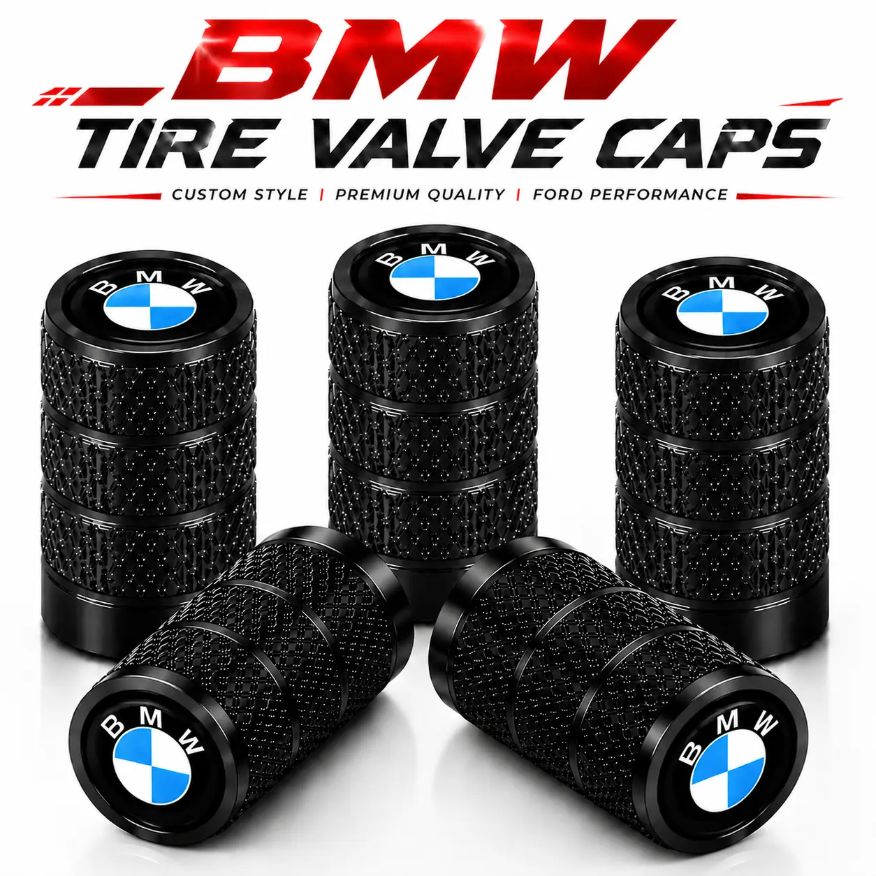 Set of 5 Premium Heavy Duty Anodized Aluminum Alloy Tire Valve Stem Caps for BMW X5 X3 3 Series 5 Series X7 X1 4 Series, Rust & Weather Resistant Airtight Rubber Seal, No Tool Easy Screw On Luxury Performance SUV Sedan Exterior Accessories