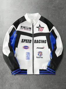 Unisex Vintage Racing Baseball Jacket, Colorblock Zipper Coat with Multi-Element Racing Print, Street Style Outerwear for All Seasons