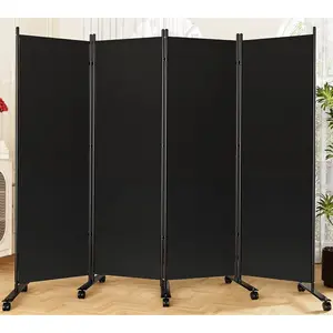 Room Divider 6FT Folding Privacy Screens with Lockable Wheels, 4 Panel Room Partition for Room Separator, 88" W Freestanding Portable Fabric Wall Dividers for Home Dorm Studio Office, Black