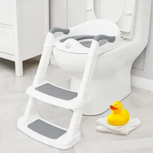 Potty Training Toilet Seat with Step Stool Ladder, Toddler Kids Potty Seat for Boys Girls, Non Slip Foldable Toilet Training Seat with Soft Cushion, Comfortable Handles (White-Grey)