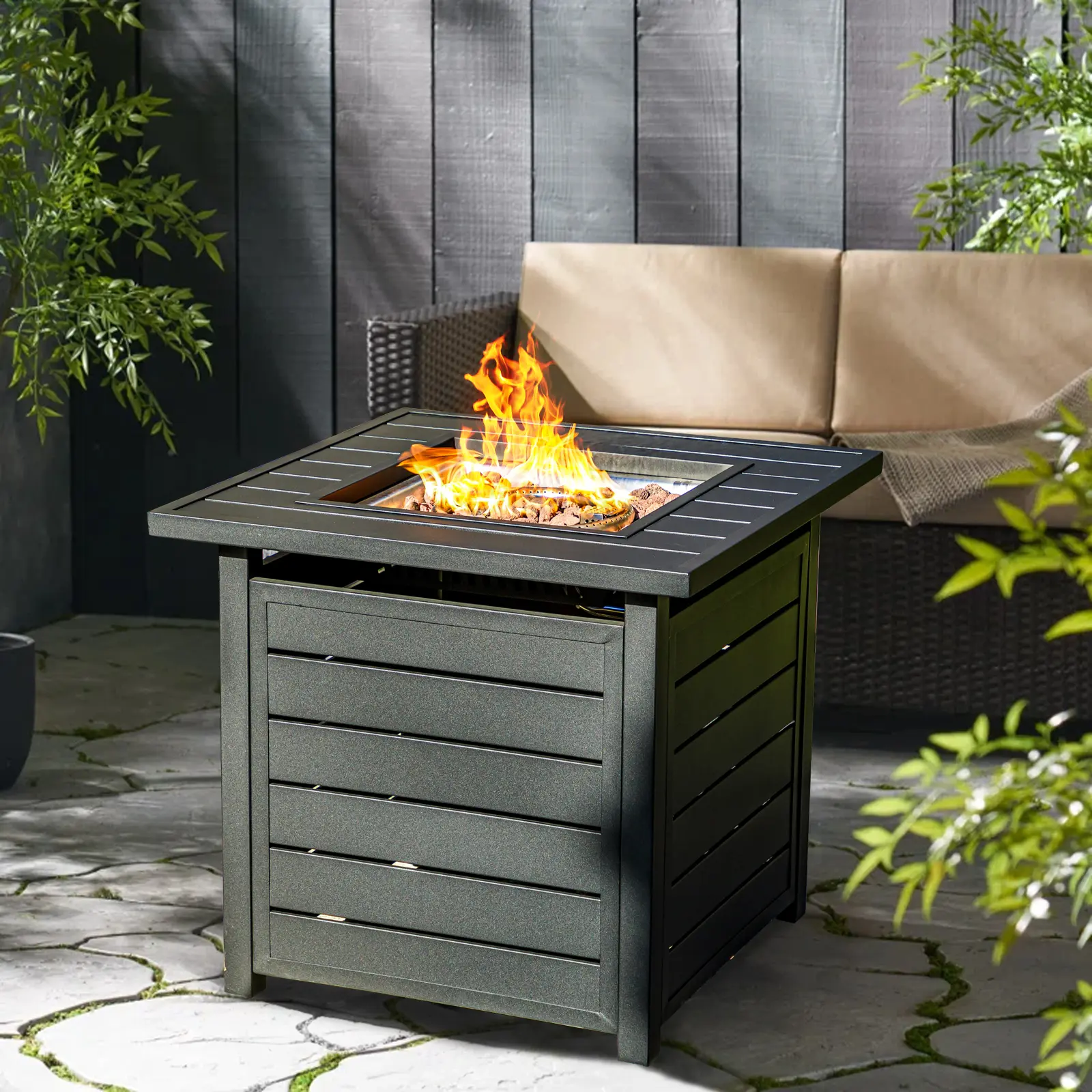 Outvue Gas Fire Pit,28-Inch Outdoor Propane Fire Pit Table with Lid & Lava Rock, 50,000 BTU Gas Fire Pit for Dining and Parties in Patio, Garden, or Yard Rectangular Fire Pit Tabletop Fire Pit