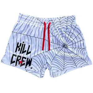 Kill Crew Muay Thai Shorts - Spider - White / Black, Unisex, Mid Thigh Cut, Pockets, Gym Shorts, Elastic Waistband, Long drawcord with wax tips Workout Clothes Activewear
