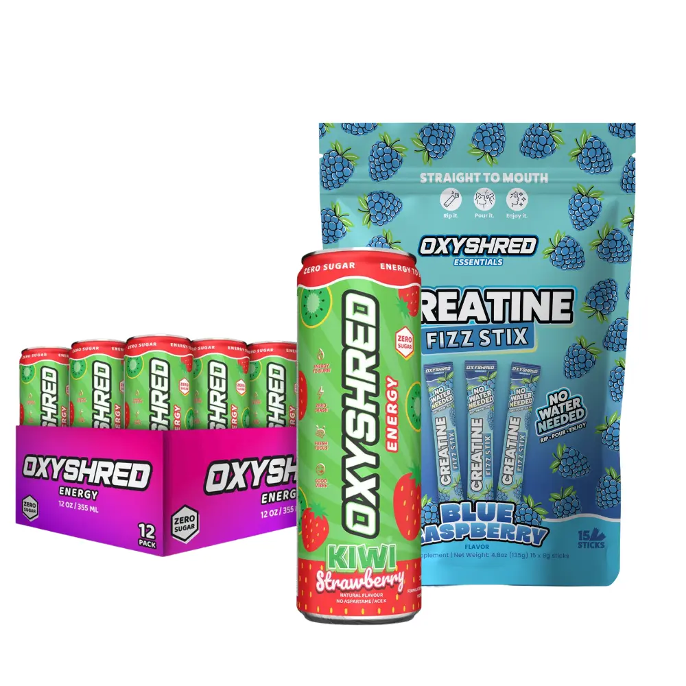 EHPlabs OxyShred Energy Drink 12 Pack + Creatine Fizz Stix | Zero Sugar Energy & 5g Creatine | Fitness & Performance Bundle
