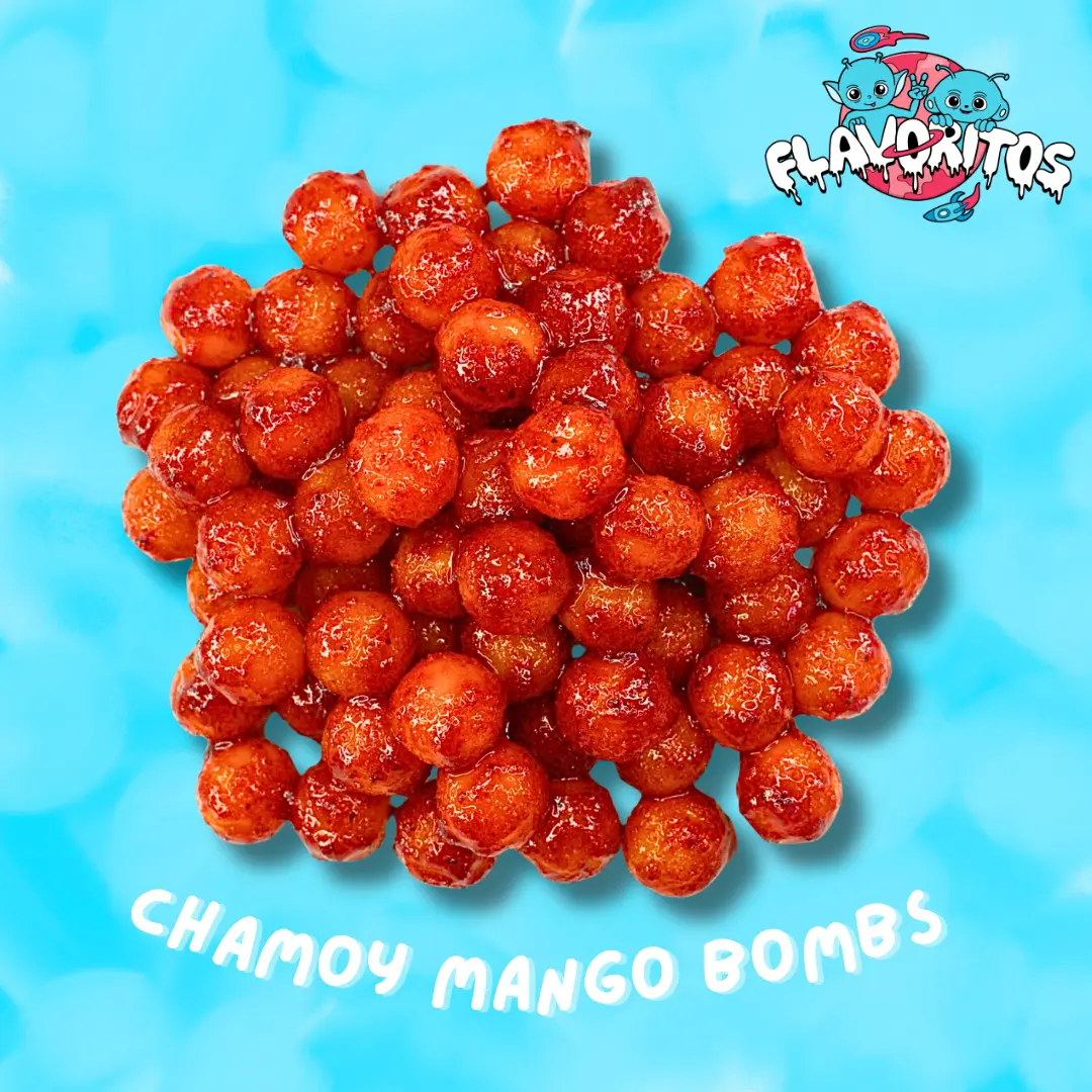Chamoy Mango Bombs-Flavoritos Sweet and Chili Gummy Candy Snack Chewy Spicy Bonbon Dry Rub + Chamoy Packet