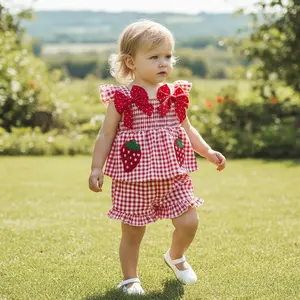 Baby Girl Strawberry 2 Pcs Summer Outfit - Embroidered Plaid Tank Top & Bows Ruffled Trim Shorts, Adorable Comfortable Set for Daily Play, Parties & Summer Celebrations