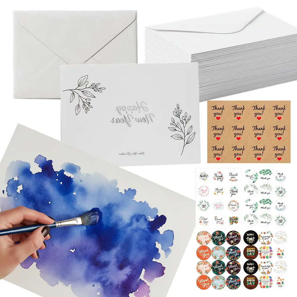 50 pack blank DIY watercolor card set with envelopes&stickers, 4 x 6 inches, 140 pounds foldable acid free watercolor card, suitable for weddings, birthdays, baby parties, and DIY art projects