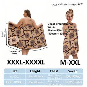 Post-Bath Skirt Set with Cute Cartoon Animal Pattern, Beige Towel Wrap & Hair Turban, Skirt + Triangle Piece +, Plus Size XXXL, Festive Bathroom Loungewear for Women