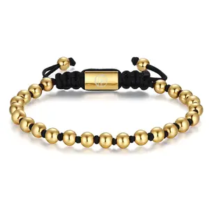 WEPICK 18K Gold-Plated Men's Bracelet Stainless Steel 6mm Beads Adjustable Fit 6.5-8 inches Hypoallergenic Gift for Special Occasions