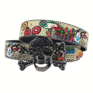 Vintage 70s-80s Skull Print Punk Rhinestone Buckle Belts, Unisex Western Y2K Jeans Waistband with Black Crystal Buckle , Graffiti Street Style