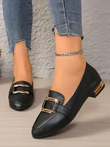 Women's Elegant Leather Walking Shoes, Fashionable Loafers with Buckle Detail, Low Heel Casual Office Wear, Comfortable and Versatile
