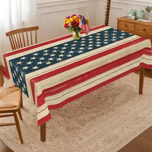 PLUMLIK Vintage American Flag Tablecloth, Patriotic Independence Day Decor, Red Blue with Star Patterns Round Rectangular Table Cloth , Ideal for American Flag Day Indoor Outdoor Decoration, Dorm Home Holiday Festive Kitchen Restaurant Independence Decor