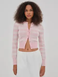 Brushed Gingham Knit Cardigan in Pink