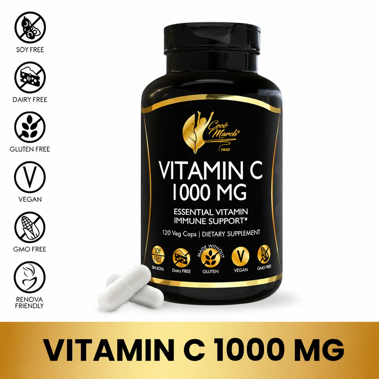 Cocó March N.M.D Vitamin C 1000 MG Supplement for Immune Health & Skin Vitality - 120 Capsules for Antioxidant Protection & Collagen Production