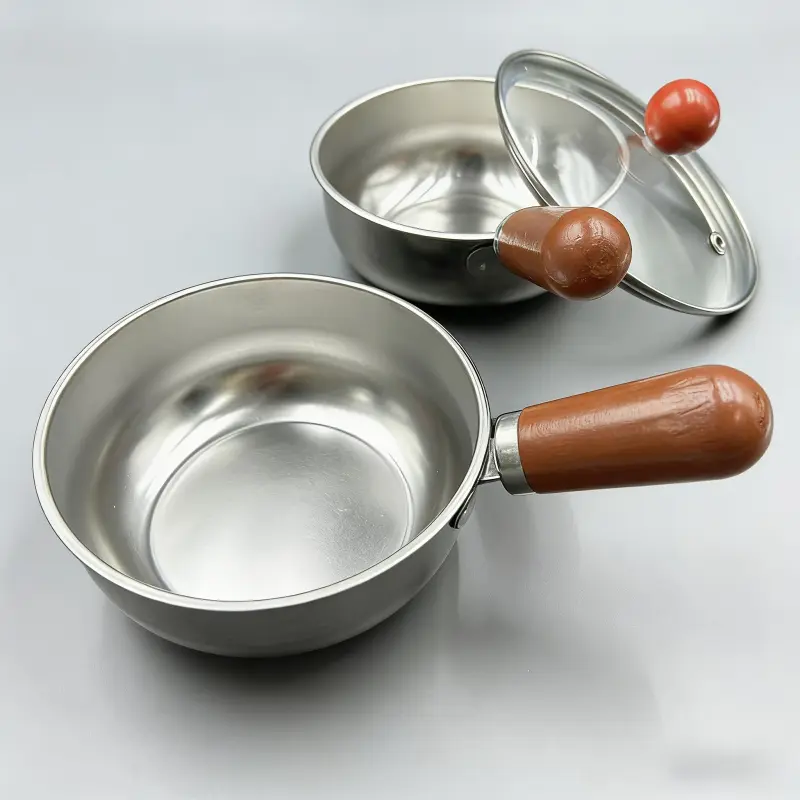 1 Piece Stainless Steel Mini Milk Pan with Wooden Handle Non-stick Small Frying Pan Skillet Saute Pan for Oil Heating B6 Cookware