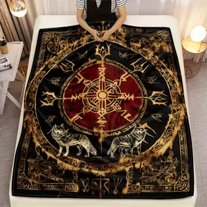 [1pc Viking Throw Blanket] Viking Throw Blanket - 1pc Lightweight Flannel Sofa Bedspread with Red & Black Norse Design, Wolves & Rune Symbols | All-Season Soft Warm Bedding for Camping, Office, Living Room | Perfect Gift for History & Fantasy Fans,