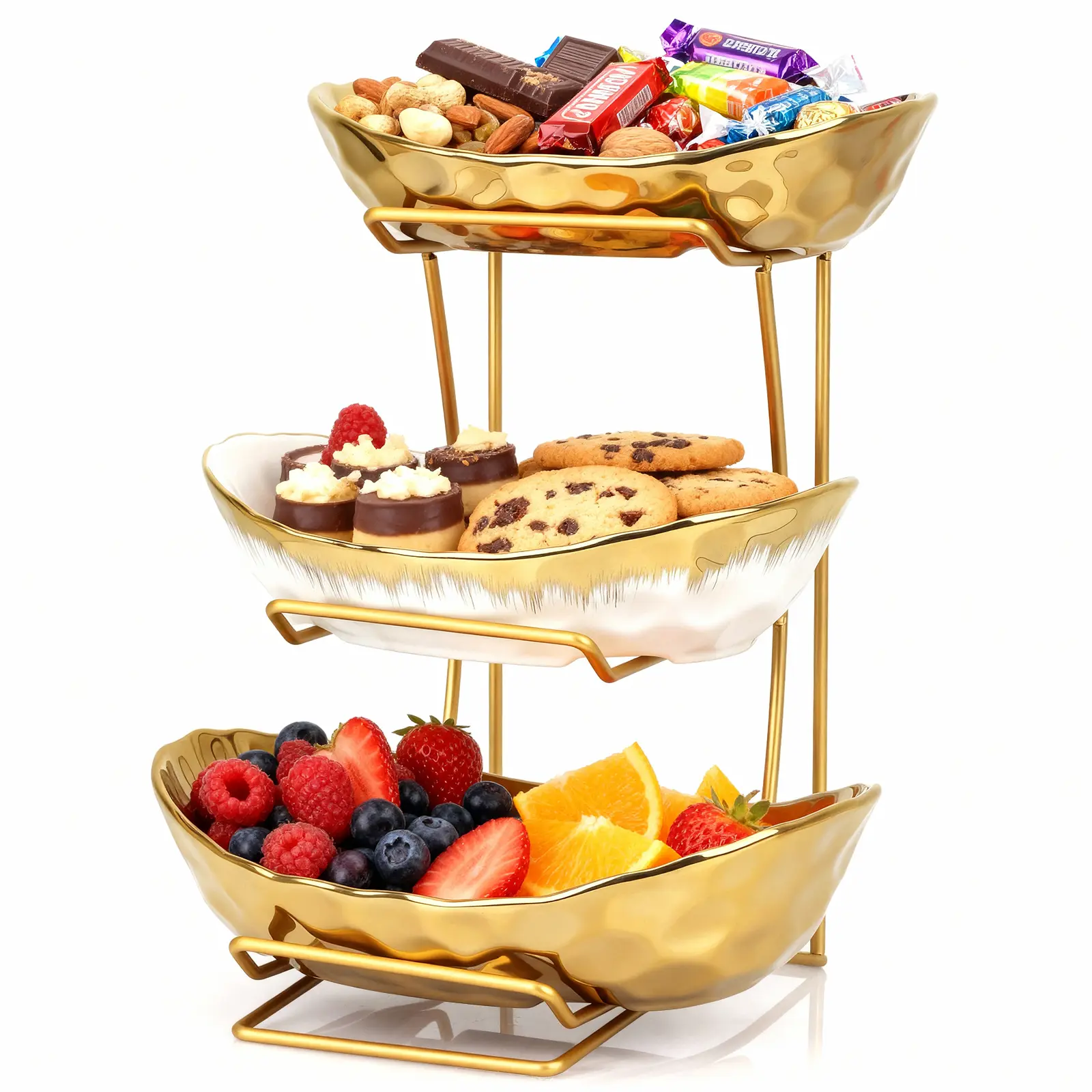 3 Tier Fruit Bowl for Kitchen Counter, Ceramic Fruit Bowl with Metal Stand, 3 Tier Fruit Basket for Vegetable Snacks Nuts Bread Candy Storage