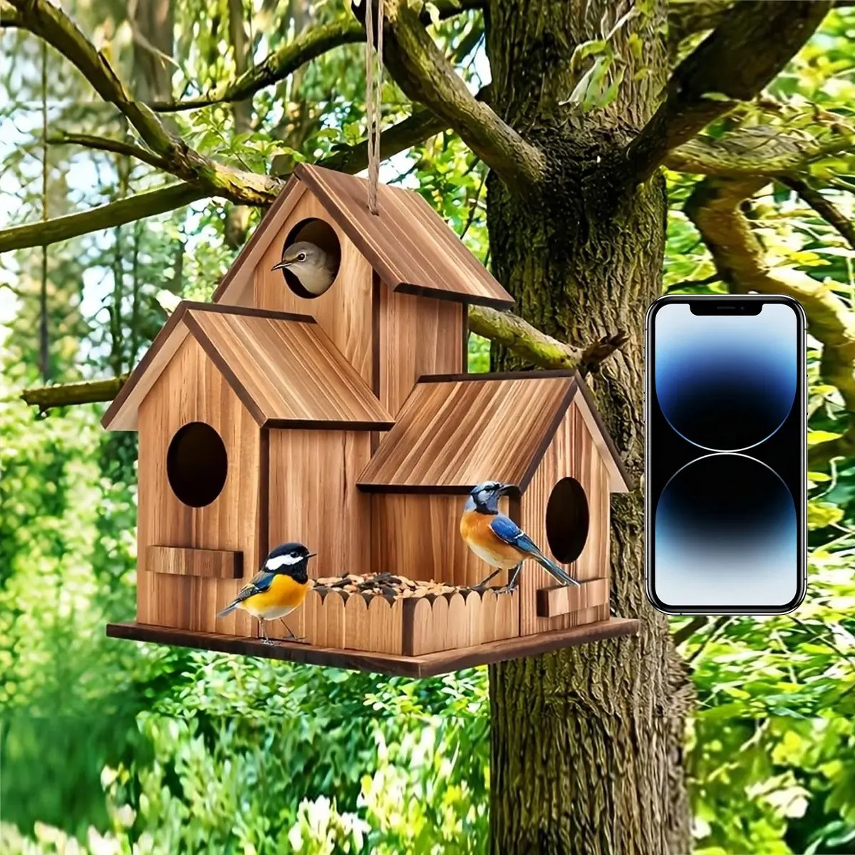 Large Outdoor 3-Hole Birdhouse, Ideal for Bluebirds, Finches, Cardinals, Modern Hanging Bird Feeder, Wooden Construction, Garden Decor, Wooden Bird Houses, Bird Houses For Outside