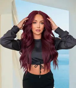 Long Wine Red Wavy Wig for Women 26 Inch Middle Part Curly Wavy Wig Natural Looking Synthetic Heat Resistant Fiber for Everyday Use