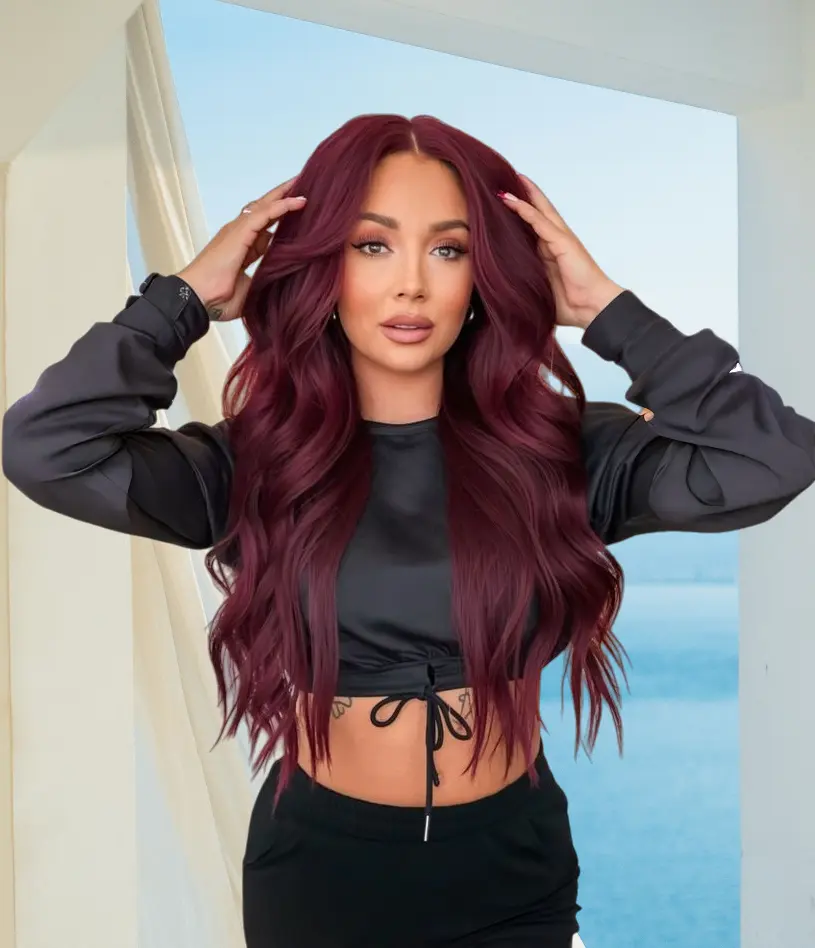 Women's 26-Inch Summervibes Wine Red Middle Part Wavy Synthetic Wig, Glueless Full Machine Wig, Heat-Resistant Fiber, Natural-Looking for Everyday Use, Wigs