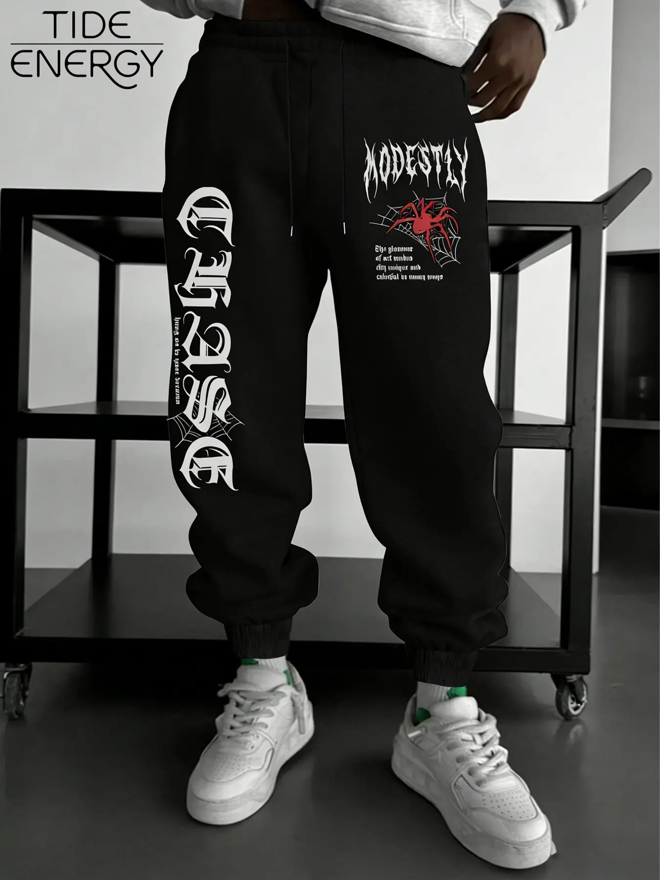 Men's Gothic Spider Print Jogger Pants, Dark Style Y2K Streetwear Sweatpants, Heavy Fleece Drawstring Waist, Perfect for Festivals & Daily Wear