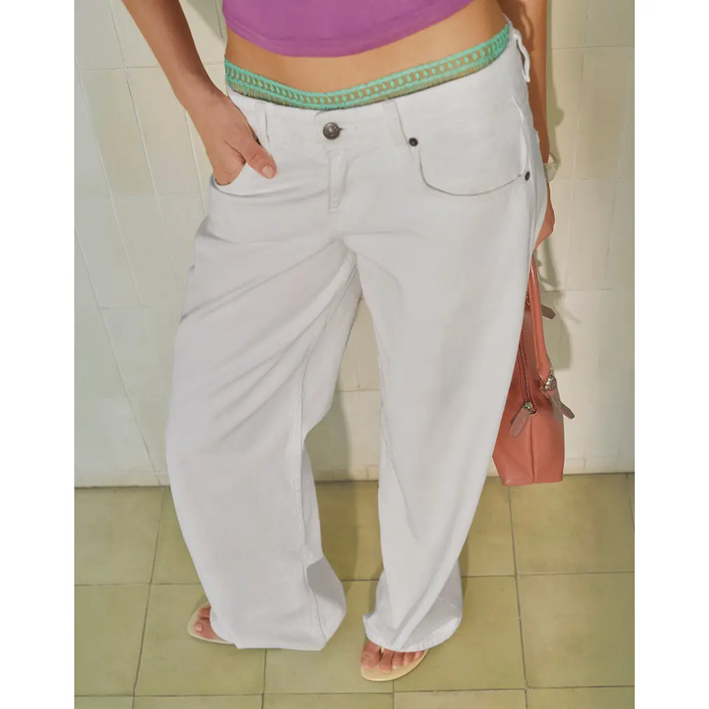 Motelrocks Women's Cotton Low-Rise Parallel Jeans, True White, Button-Closure, Pocketed Bottom