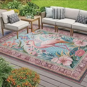 Floral & Flamingo Pattern Rug, Vintage Boho Style Non-slip Washable Floor Mat, Decorative Carpet for Home Living Room Bedroom