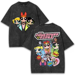powerpuff girls 260GSM Washed Oversized Tee – Dual-Sided Cartoon Print, Heavy Cotton Fabric, Vintage Style with Classic Heroic Vibes Streetwear Top Womenswear Basic