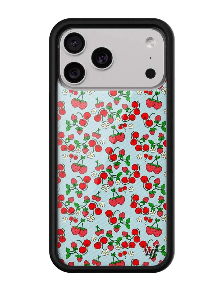 Baby Berries | Limited Edition Trendy iPhone Case | Raised Protective Black Bumper | Women Owned Small Business | Baby Blue Background White Daisies Vibrant Red Strawberry Bushels | Safety Casing Protective | Gift for Her