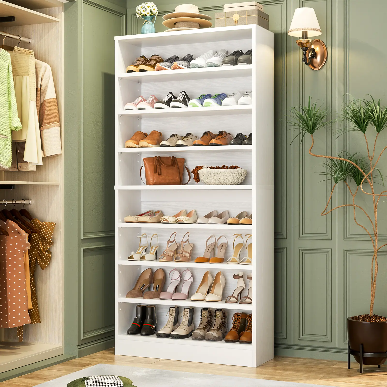 8-Tier Freestanding Wood Shoe Rack Organizer - Durable Indoor Shelving Furniture, 64.2 in. h x 31.5 in. w x 12 in. d, Adjustable Shelves, Drawer Compartment, Holds 40-45 Pairs for Hallway Use to Organize and Access Shoes