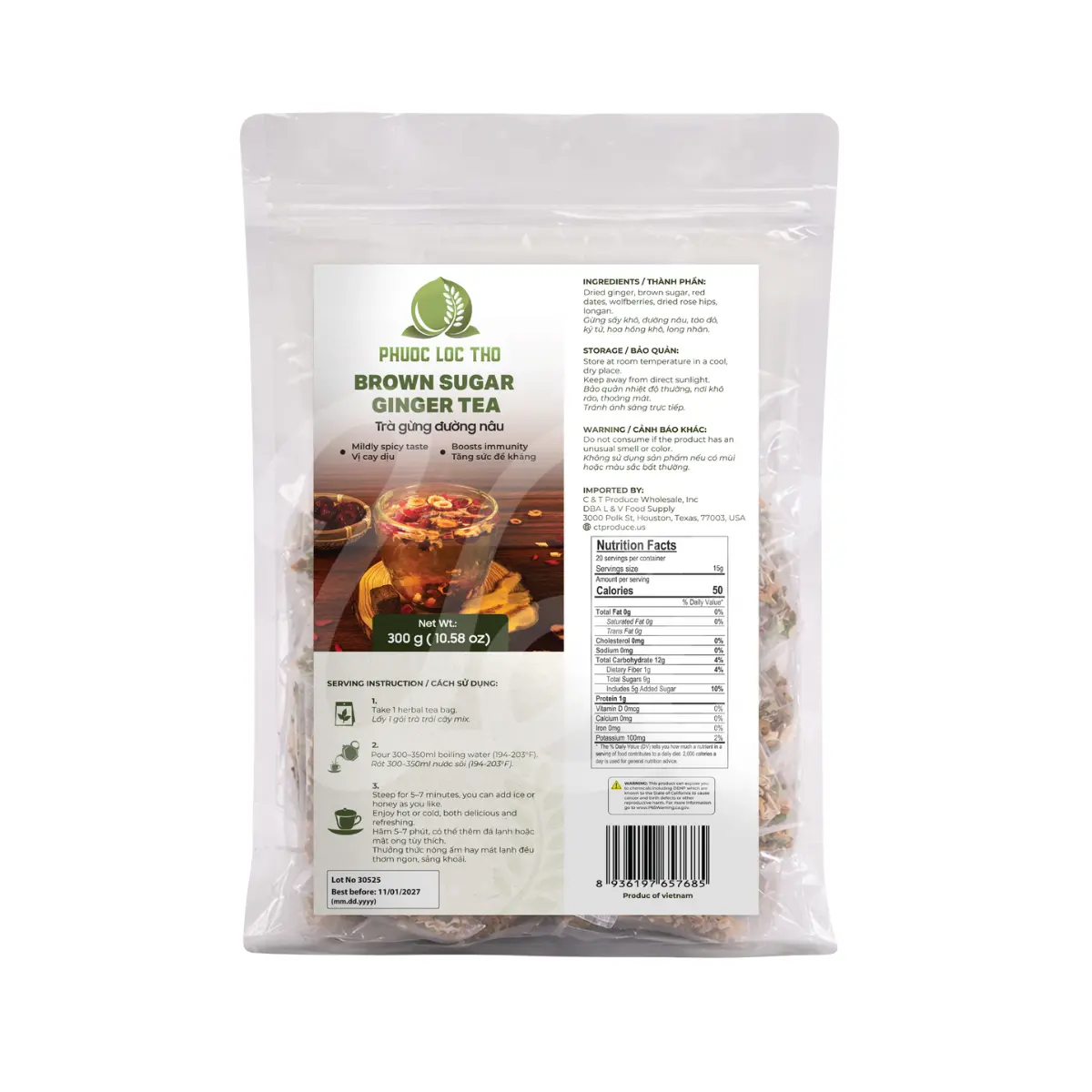 [Phuoc Loc Tho] Traditional Brown Sugar Ginger Tea - 300g Instant, Soothing, Warming, Rich-Flavor Herbal Beverage