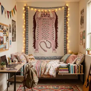 Boho Pink Tiger Blanket – Jacquard Woven Throw with Tassels, Thick Soft Cozy Blanket, Aesthetic Home Decor Gift