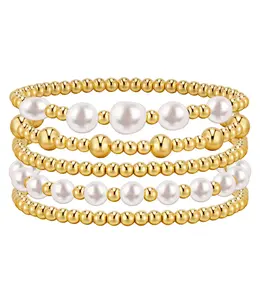 Gold Bracelets for Women Waterproof, 14K Gold Plated Beaded Strand Bead Ball Bracelets stack Adjustable Jewelry Set for Gifts