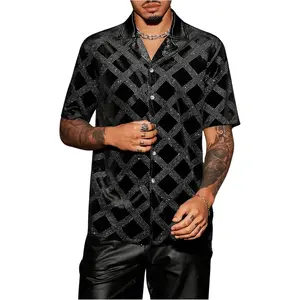 WDIRARA Men's Rhinestone Plaid Button Down Shirt Short Sleeve Collar Neck Summer Shirts
