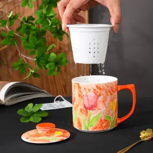 Handmade Ceramic Tea Cup Set, Includes Mug Body, Lid, and Strainer, Creative Fresh Tea Cup, High Aesthetic Tea Water Separator