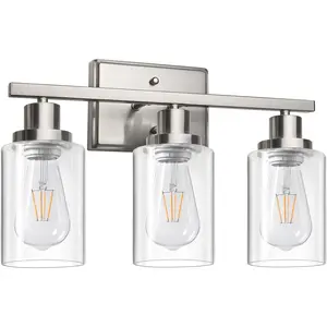 Bathroom Vanity Light Fixtures, 3 Light Wall Sconces Lighting with Clear Glass Shade, Brushed Nickel Wall Lights for Mirror, Kitchen, Living Room, Gallery, E26 Base (Bulbs Not Included)