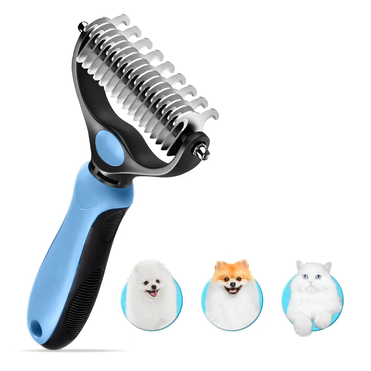 Pet Deshedding Grooming Tool - Wide Double-Sided Stainless Steel Dematting Comb with Round Tips, Ergonomic Portable Battery-Free Grip, Gentle on Skin, Deshedding Brush for Dog & Cat Knot Detangling, Loose Fur Removed
