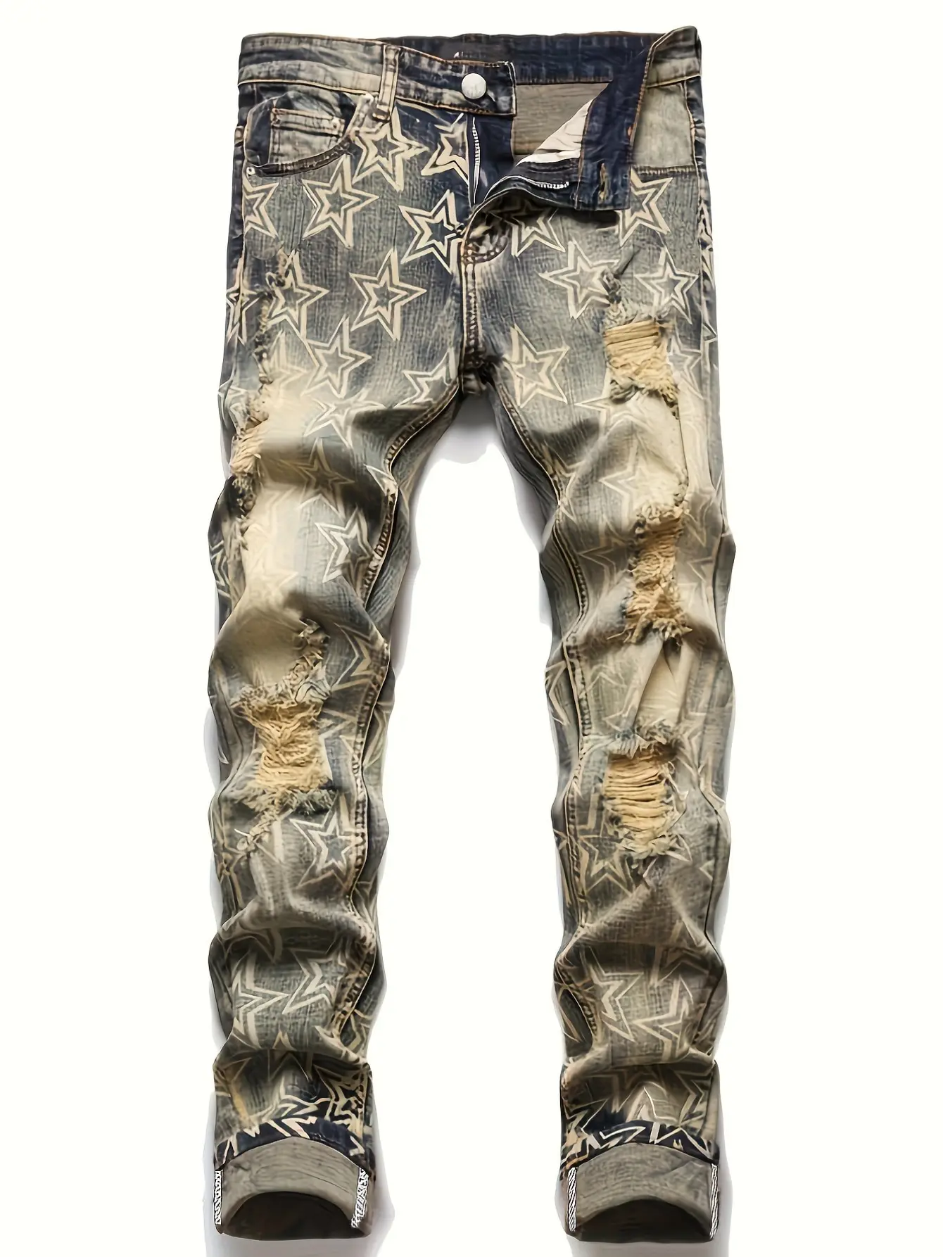 Men's star pattern vintage style straight leg jeans with zipper and button closure, featuring slant pockets and back pockets, suitable for all seasons