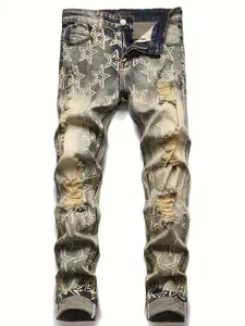 Men's star pattern vintage style straight leg jeans with zipper and button closure, featuring slant pockets and back pockets, suitable for all seasons