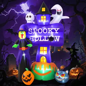 Whubefy 8 FT Tall Halloween Inflatables Witch Outdoor Decorations, Ghost Witch Castle Build-in LED Lights, Spooky Halloween with Pumpkin Cat Spider Skeleton Blow up Decor, Scary Decorations for Halloween Holiday Party Yard Garden Lawn