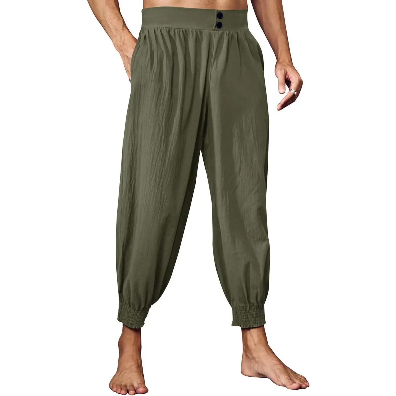 PASLTER Men's Cotton Casual Pirate Pants - Medieval Renaissance Viking Colonial Elastic Waist Knicker with Pocket for Halloween Menswear Bottoms, Plain