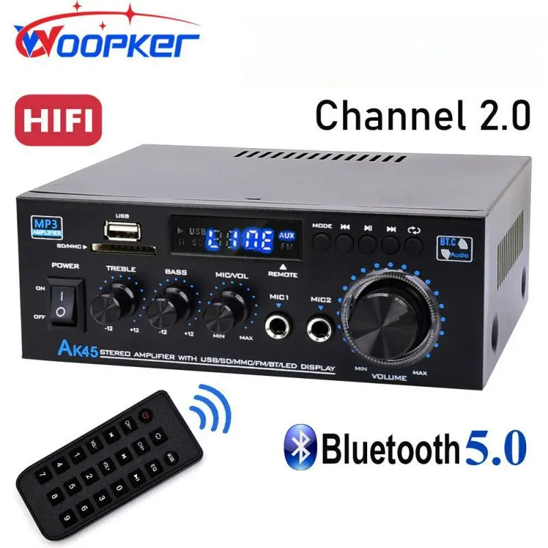 WOOPKER AK45 Rated Power 40Wx2/AK45 Pro Rated Power 50Wx2 Bluetooth 5.0 Digital Wireless Radio Amplifier, HiFi 2.0 Channel Power Amplifier with USB, SD, RCA, Dual Microphones, Remote Control for Home Theater, Karaoke