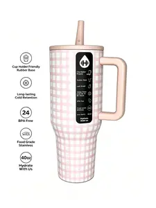 HydroJug Traveler 40oz Pink Gingham Portable Drinkware - Cold, Leakproof, Cup Holder Friendly Water Bottle Flask for Work, Beach Days Mug