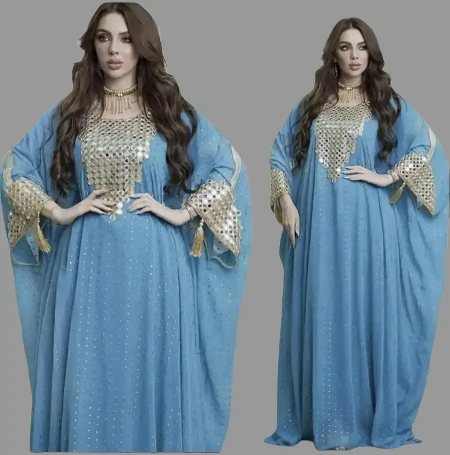 Women's Lightweight Chiffon Abaya Dress - Vibrant Yellow, Gold Sequins, Drop Beads, Bell Sleeves, Fluid Drape for Graceful Movement, Elegant Yet Modest Look, Modest Fashion Inspo, Flowing Maxi for Eid Special Occasions