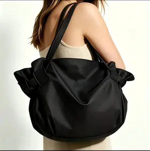 Unisex Over-sized Waterproof Nylon Gym Tote Bag - Water Resistant, Lightweight, Ruffle Bow Detail, Shoulder Carry, Sturdy Soft Casual Handbag for Travel, Picnics, Black & Brown