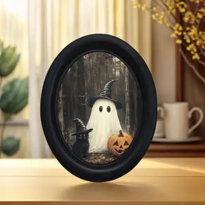 Vintage Halloween Ghost & Cat Wall Art, Handmade Oval Wooden Decoration (5.25x4.16 Inches), Perfect for Holiday Decorations, Home Decor Accessory