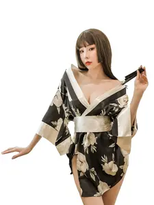 Satin Floral Kimono Set Deep V-neck Robe with Waist Belt  Japanese Printed Sexy Nightgown Silky Soft Women's Sleepwear Intimate Date Night Private Bedroom Outfit Thoughtful Gift for a Romantic Evening Womenswear Loungewear Vneck