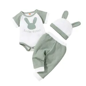Newborn Baby Girl Boy Easter Outfits Short Sleeve Romper Bunny Pants Rabbit Ears Hat 3Pcs Clothes Suit Set