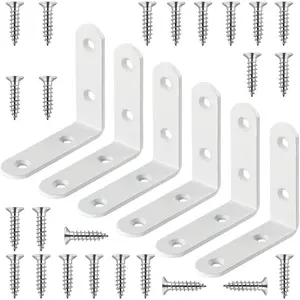 2.5 Inch Stainless Steel White L Corner Brace, 6 Pcs 90 Degree Heavy Duty Right Angle Brackets with Screws for Wood Shelves, Cabinet and Frame