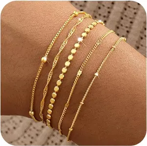 Gold Bracelets for Women, 14K Gold Plated Stackable Bracelet Stack Set Adjustable Charm Paperclip Chain Snake Link Layered Waterproof Jewelry Sets Gifts